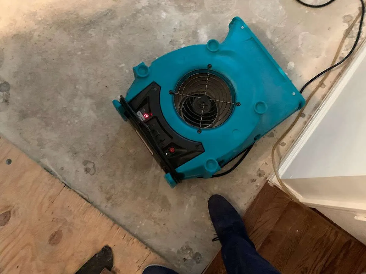 Air mover drying subfloor during Commercial Water Damage Restoration in Chatham